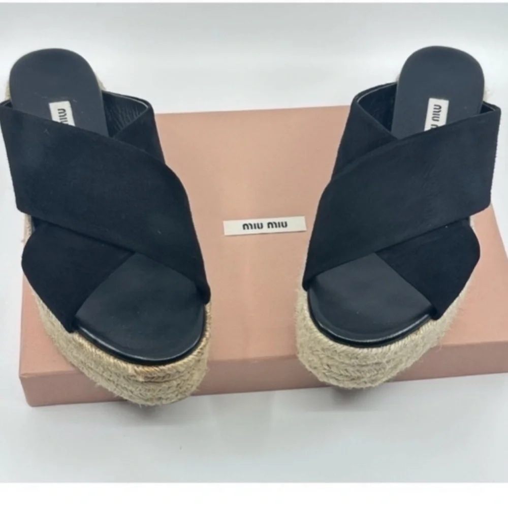 MIU MIU Suede Espadrille Platform Slip on Slides Sandals Black size 8 NEW
